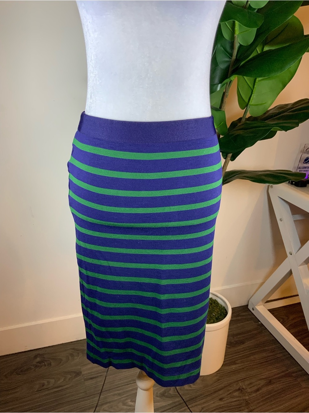 Ann Taylor Purple and Green Striped Midi Pencil Skirt
